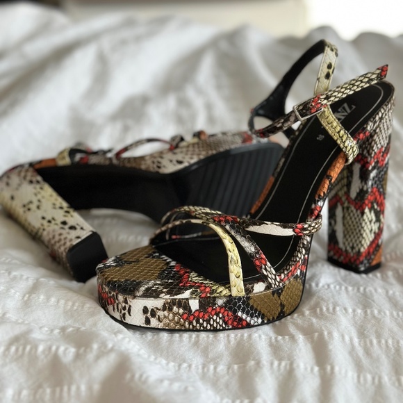 Zara Multicoloured Snake Print Platform Strap Sandal Heels - Picture 1 of 5